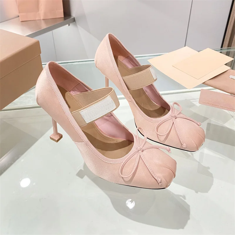 

Butterfly-knot High Heel Gril Women Summer Pink Silk Ballet Shoes Ladies Round Toe Sweet Dance Party Shoe High Quality Pumps
