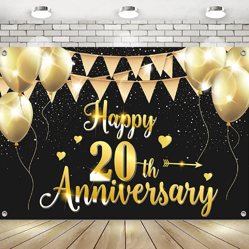 

Happy 20th Birthday Party Banner Photography Backdrop 20 Wedding Anniversary Decorations Black Gold Background Poster