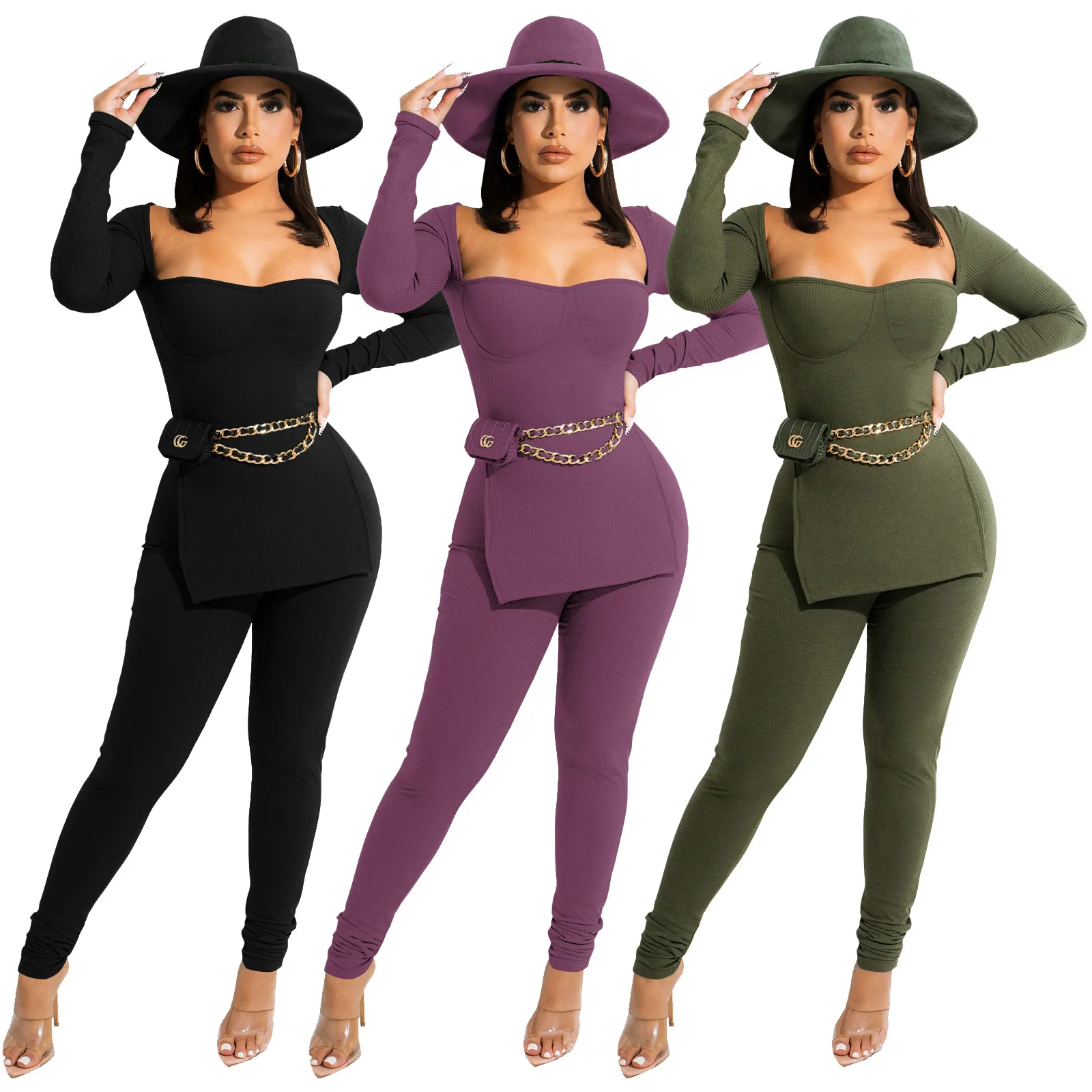 

Женский однотонный комплект из двух предметов, топ с квадратным вырезом и длинными рукавами и брюки-карандаш, элегантный офисный костюм, ве...