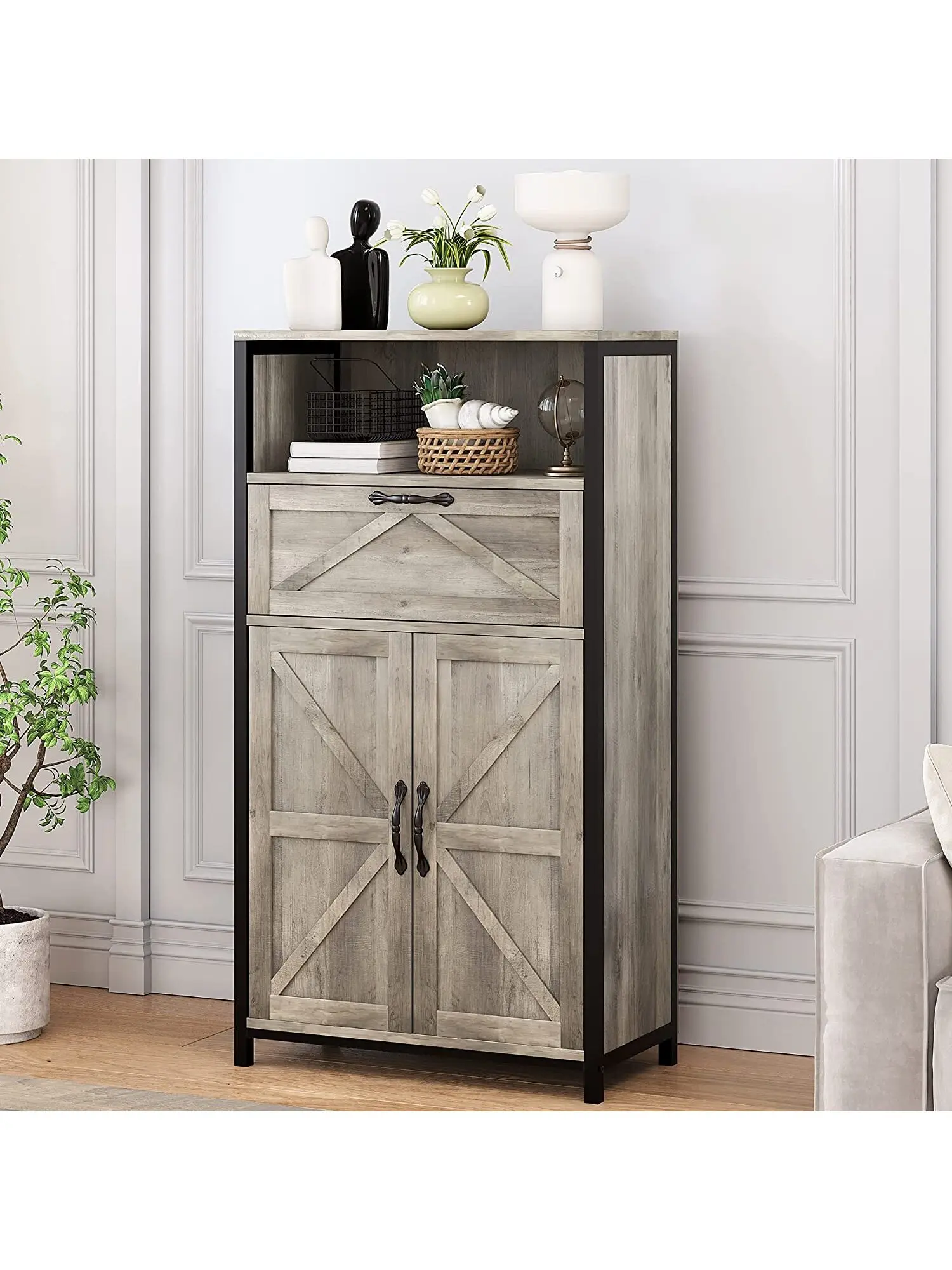 

Storage Cabinet with Barn Door and Drawer Wood Buffet Cabinet Metal Frame Tall Slim Bathroom Cabinet Standing Sideboard,Grey