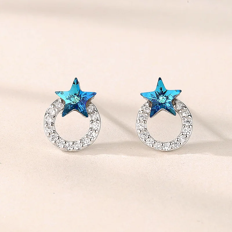 

925 Silver Round Cute Bling Zircon Stone Ocean Blue Star Diamond Stud Earrings for Women Fashion Jewelry 2022 New Korean Earring
