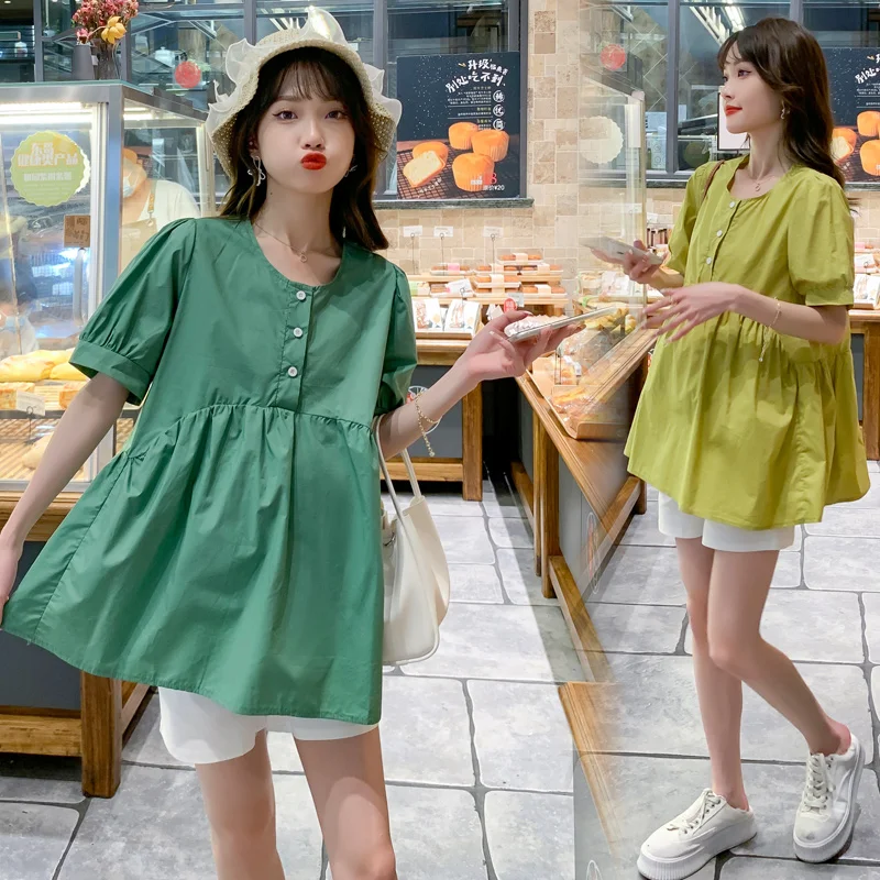

8851# Summer Fashion Cotton Maternity Blouses Sweet Loose Shirt Set Clothes for Pregnant Women Pregnancy Tops Suits Shorts Free