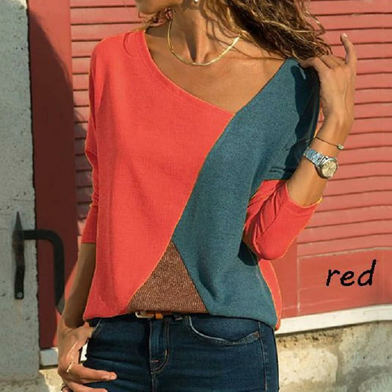 

2022 Women T-shirts Long Sleeve Round Neck Patchwork Pullover Slim Fit Female Autumn Tops Dropshipping