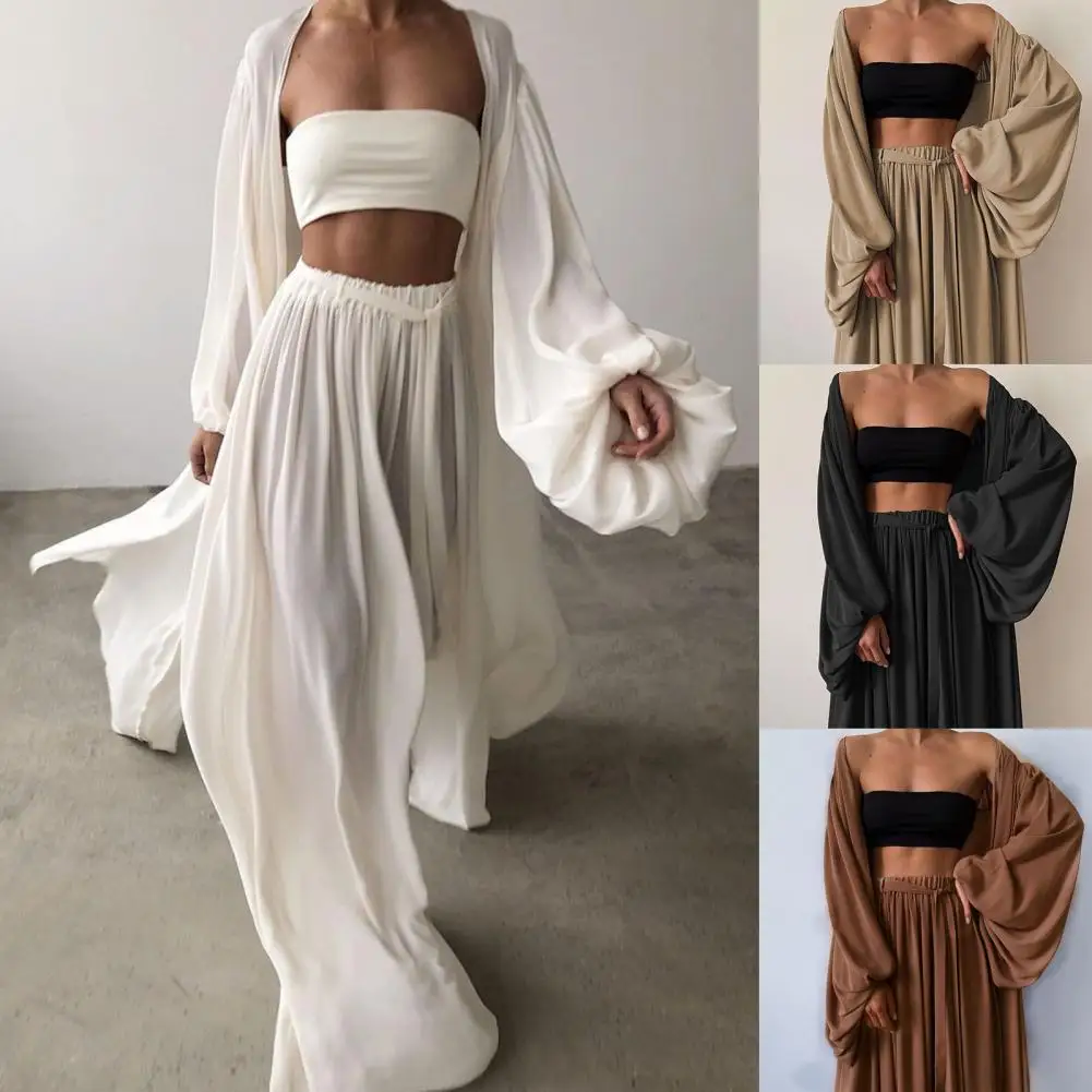 

Tracksuit Chic Women Women Outfit Long Sleeve Cardigan Tube Top Pants Tracksuit for Daily Life