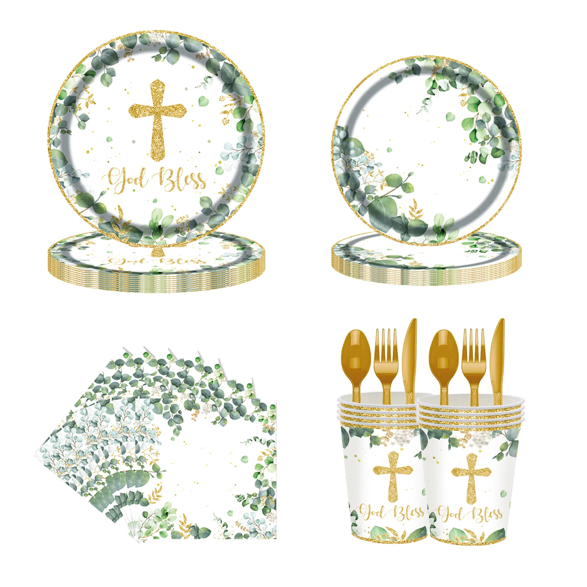 Одноразовая посуда с тарелками God Bless салфетками и скатертью первым святым
