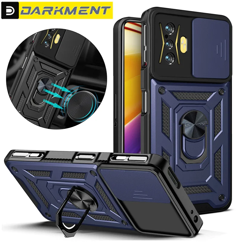 

For Xiaomi Mi POCO F4 GT Slide Camera Lens Protect Case for Pocophone F4 GT F4GT F 4 G T Shockproof Armor Ring Stand Back Cover