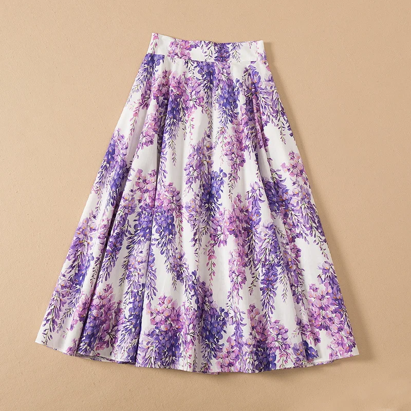 European and American Women's Wear Spring 2022 New  Wisteria Floral Print  Fashion  Cotton Pleated Skirt Skirts Mini Skirt
