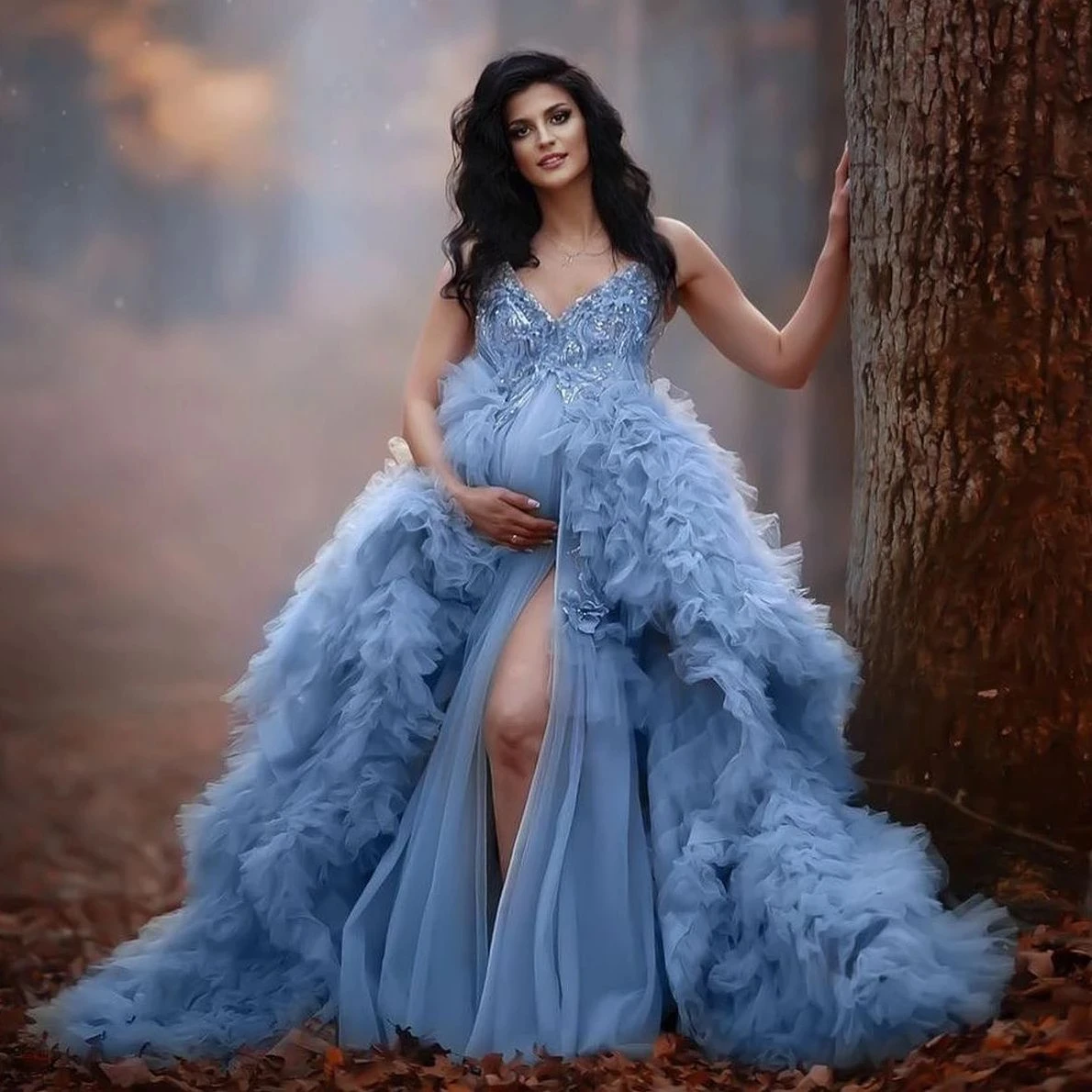 

Роскошное платье для беременных с рюшами и блестками для фотосессии пыльно-синие платья для беременных из многоярусного тюля платья для малышей с V-образным вырезом и разрезом спереди