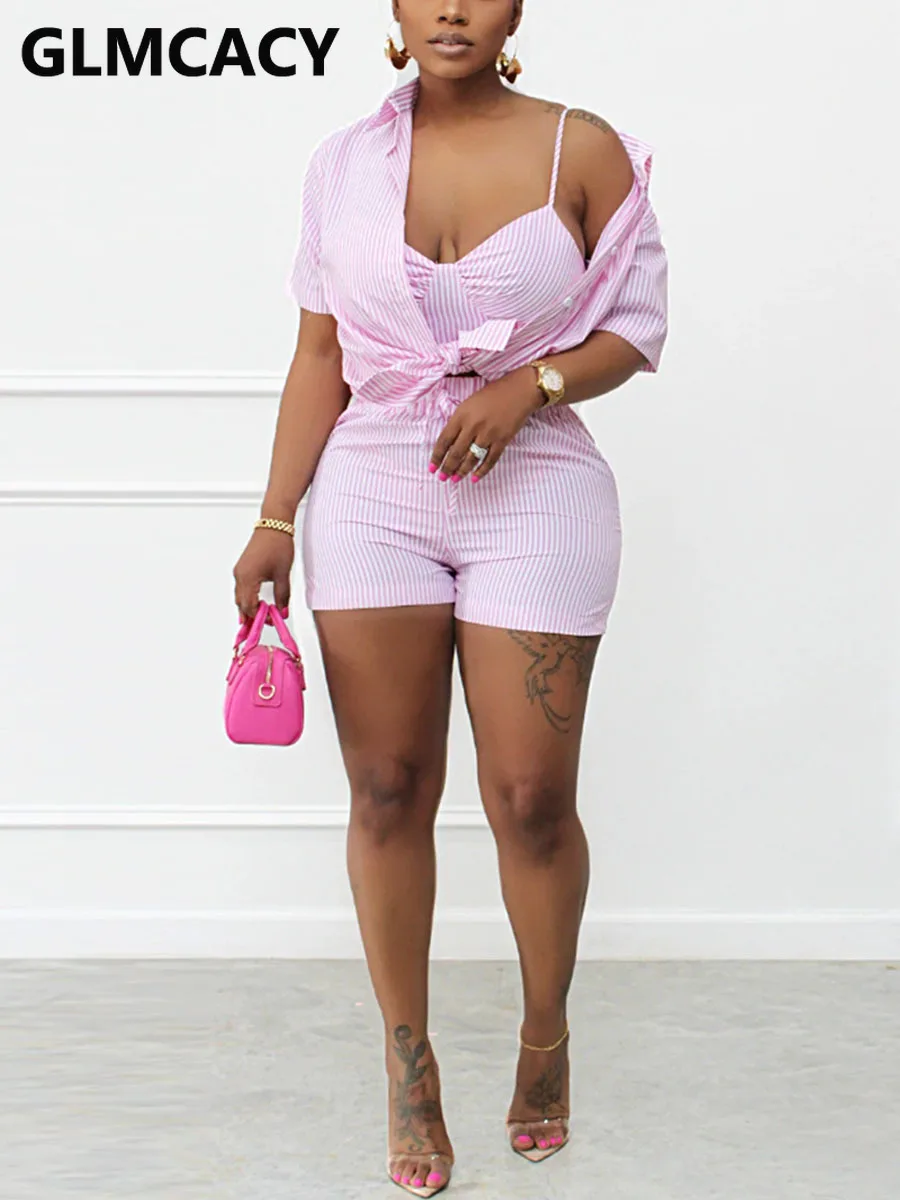 

Women Summer Striped Suits Short Sleeve Blouse & Bodycon Shorts Set
