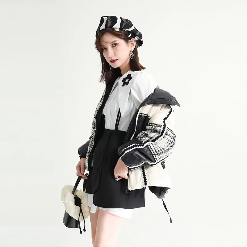 Short Sections of Cotton Clothing Female Winter 2022 New Sense of Design Tweed Splicing Bread Clothes Small People Jacket