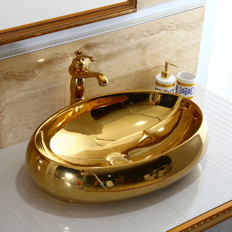 

Sink Gold Bathroom Ceramic Basin Sink Polished Bowl Vessel Washbasin Sink Art Basin Gold Above Counter Wash Basin Oval