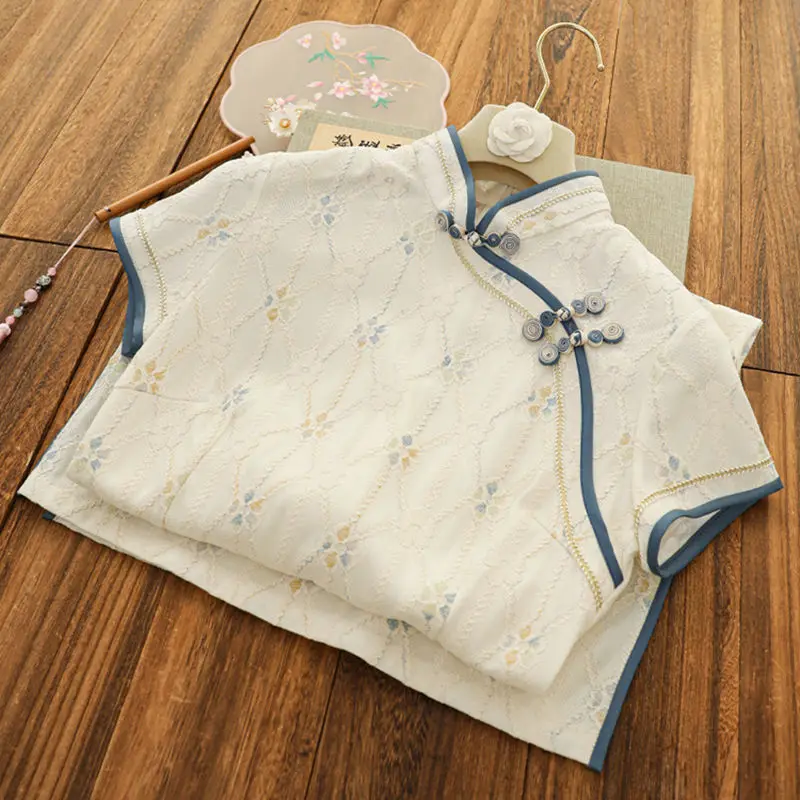 

Women Beige Cheongsam Lace Floral Short Sleeve Vintage Mid Long Dress Slim Costumes National Qipao S To XXL