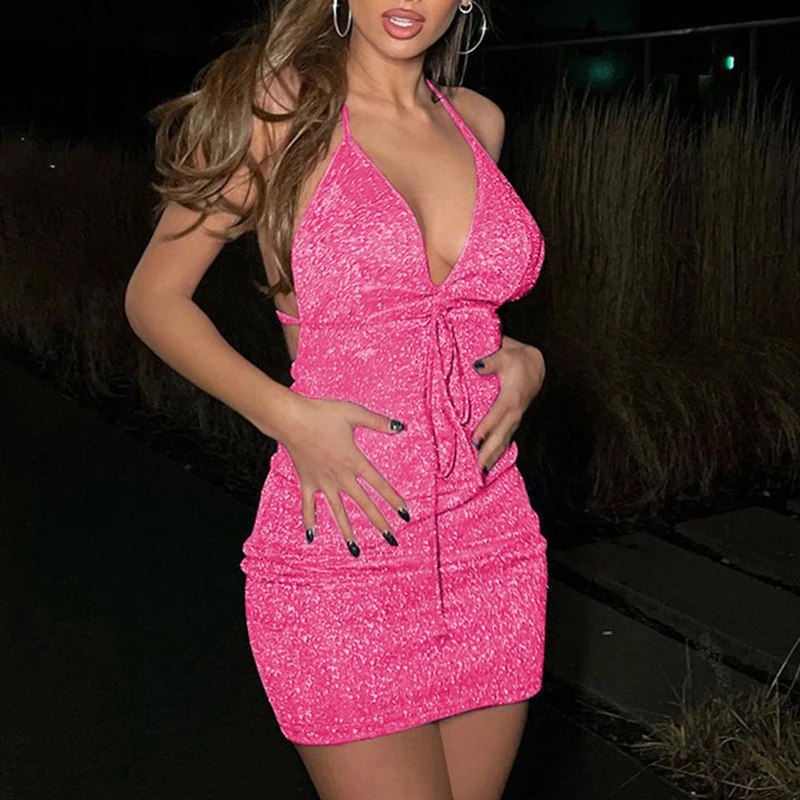 

Women Sexy Elegant Nightclub Party Short Dress Summer Fashion New Bright Silk Low Cut Halter V Neck Casual Solid Bandage Dresses