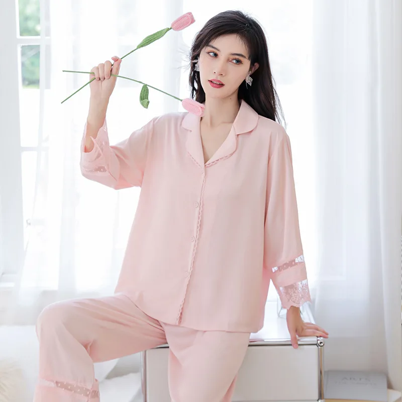 2023 Autumn Pajamas Women's Ice Silk Silk Nine-Quarter Sleeve Two-Piece Set Thin Homewear Suit