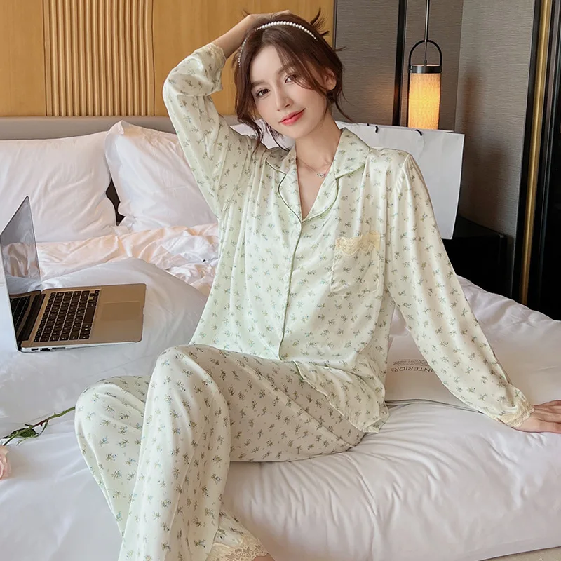 Women's Pajamas Spring New Ice Silk Long Sleeve Cardigan Suit Summer Large Size Xiaolanhua Homewear