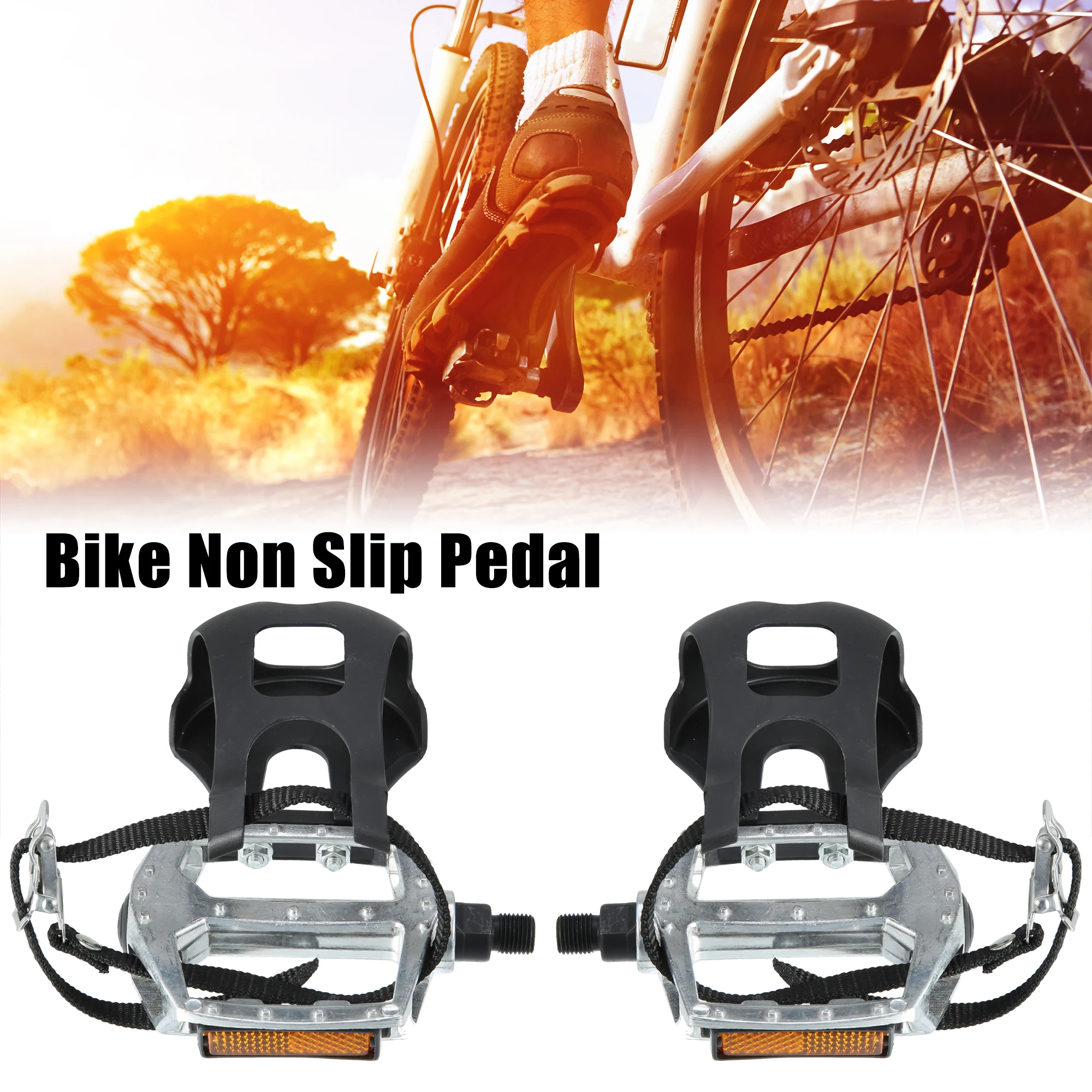 X Autohaux 1 Pair Bike Pedals 9/16'' with Toe Clips Fixed Foot Strap Black Silver Tone
