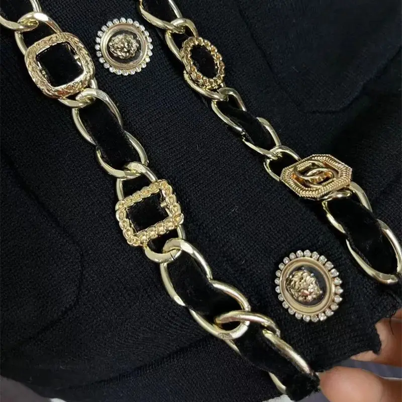 luksusowy metalowy łańcuszek kaszmirowy sweter damski z długim rękawem Vintage guziki dzianinowy wełniany płaszcz elegancki top biurowy J809
