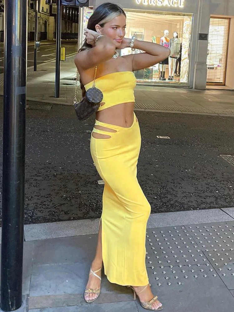 

Sexy Crop Top Tube & Fashion Hollow Out Long Skirts Two Piece Set Women 2022 Summer Y2K Black Club Party Matching Suit Outfits