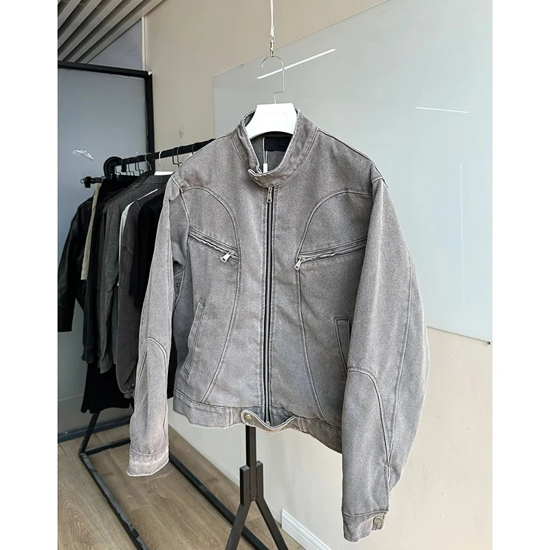 Vintage Gray Spring Outerwear Men's Cleanfit Fashion Brand Short Denim jacket Harrington American Top