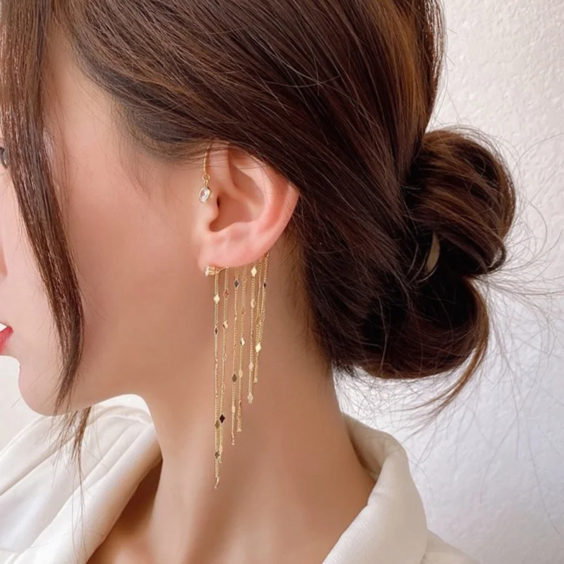 

Delicate Gold Plated Long Tassel Ear Cuff Clip Earring for Women Exquisite Ear Bone Clip No Piercing Earring Wedding Jewelry