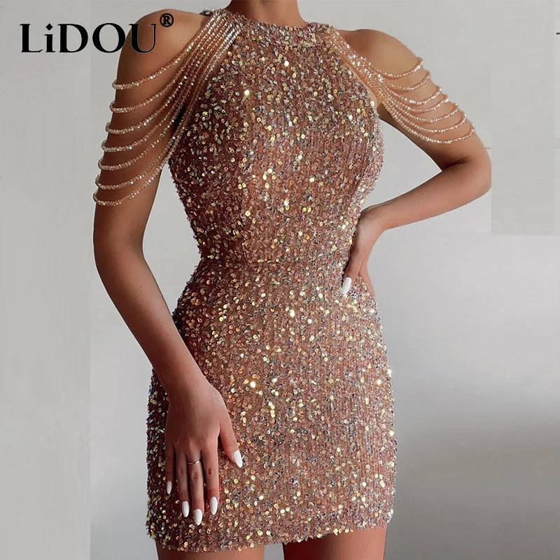 

Женское облегающее платье без рукавов, вечернее платье с блестками и кисточками для ночного клуба, 2022