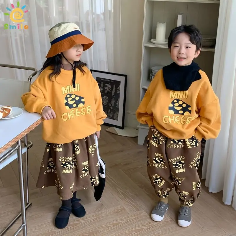 

New Child Suit Autumn Winter Brother & Sister Outfits Girls' Hoodie Skirt 2 Pcs Boys' Cheese Print Fleece Sweatshirt Pants Sets