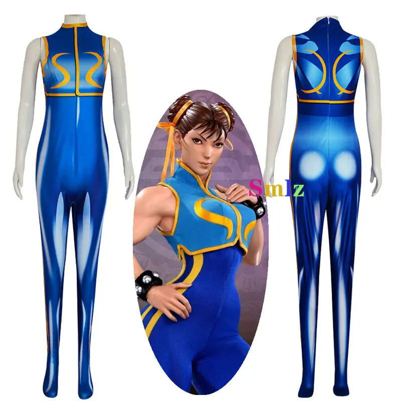 

Аниме Костюм для косплея Chun Li, голубое боди, боди для боевой игры, женские комбинезоны Chun-Li для девочек, костюм на Хэллоуин