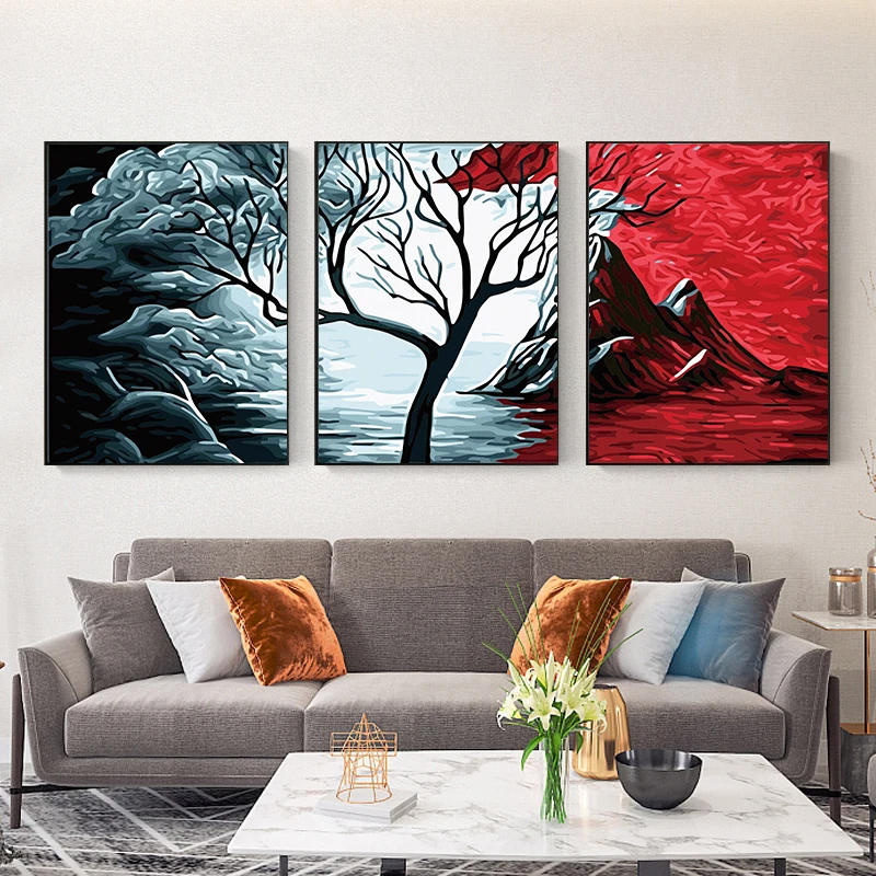

3 Panels Red Cloud Tree Wall Art Oil Painting Prints and Posters Landscape Canvas Painting for Living Room Home Decoration