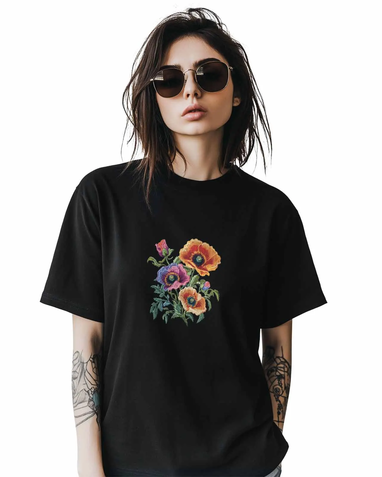 Женские топы футболки красочные с вышитыми цветами мака повседневные круглым