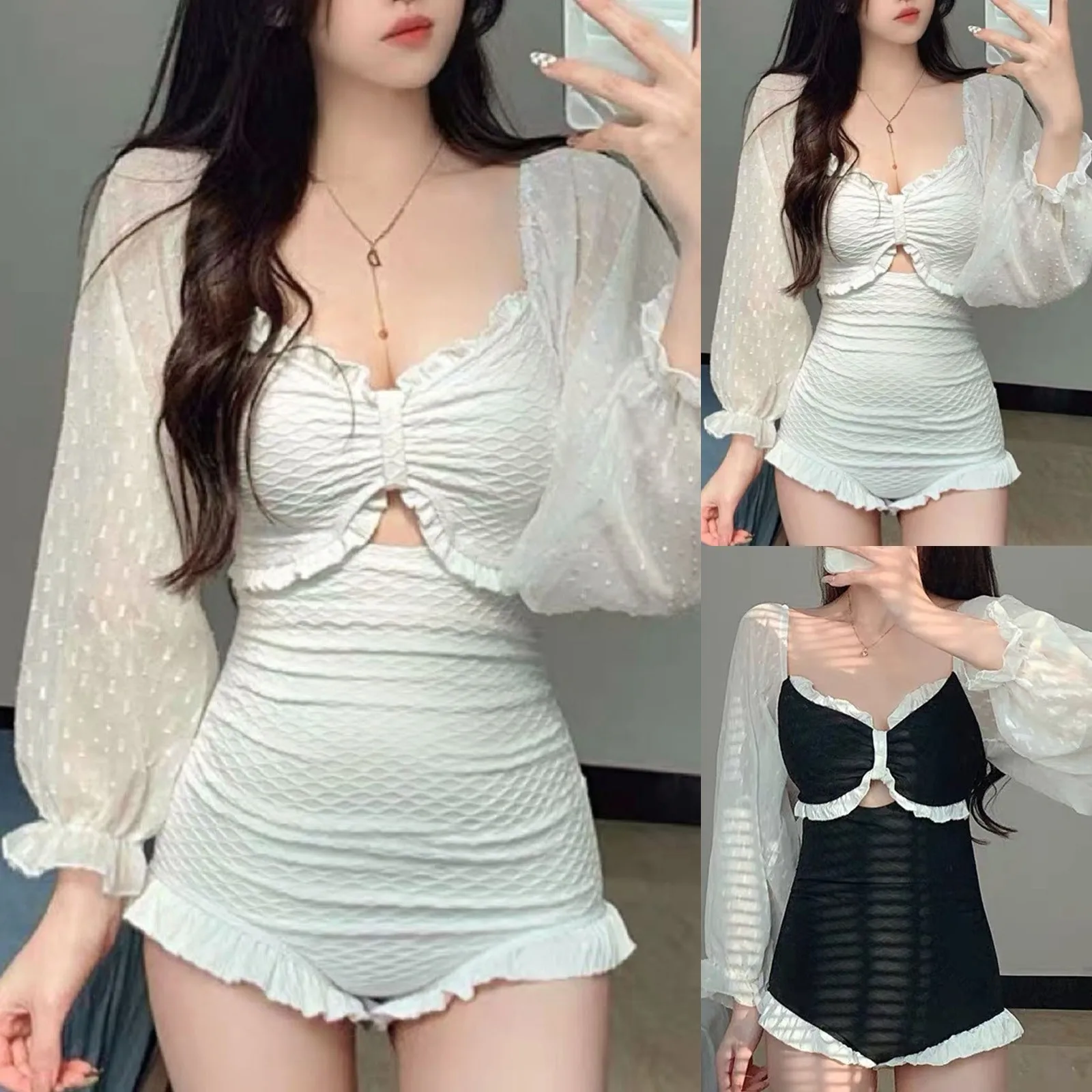 

Women Fashionable Hollow Ruffle V Neck Thin Sexy Hot Spring Bodysuit For Women Vintage Swimwear Thong Biquinis Sexy