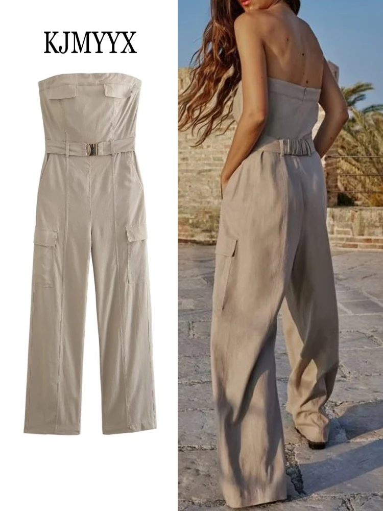 

KJMYYX 2023 Summer Women Strapless Jumpsuits With Belt Causal Solid Sleeveless Wrapped Chest Fashion Jumpsuit Full Cargo Pants