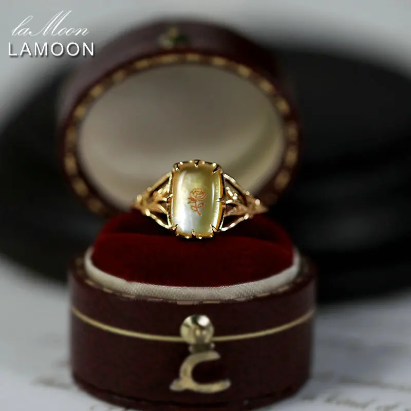 LAMOON Vintage Natural Citrine Rings For Women Gemstone Ring Withered Roses Flower 925 Sterling Silver Gold Plated Fine Jewelry