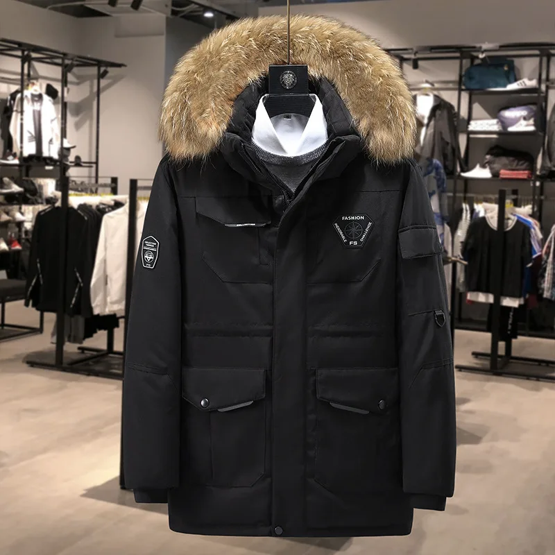 Men's Short Down Jackets - White Duck Down, Medium Fur Collar, Hooded Thick Puffer Coat, Thermal Winter Parka