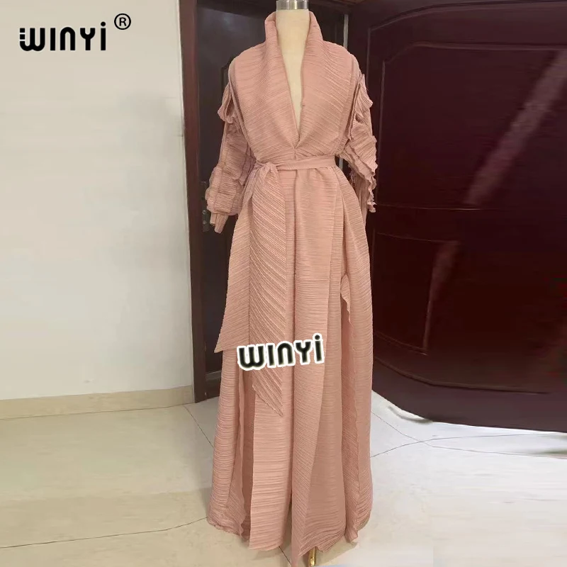 

Женское Плиссированное пальто WINYI, однотонное Элегантное Длинное свободное пальто с длинным рукавом, V-образным вырезом и поясом с оборками, Новинка лета 2022