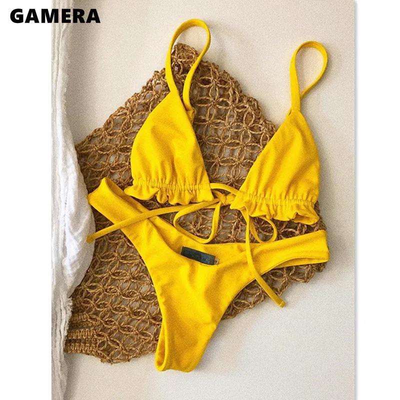 

GAMERA Sexy Bikinis Ruffles Women's Swimwear 2022 Bandage Swimsuits High Cut Bathing Suits Solid Biquini Summer Beachwear New