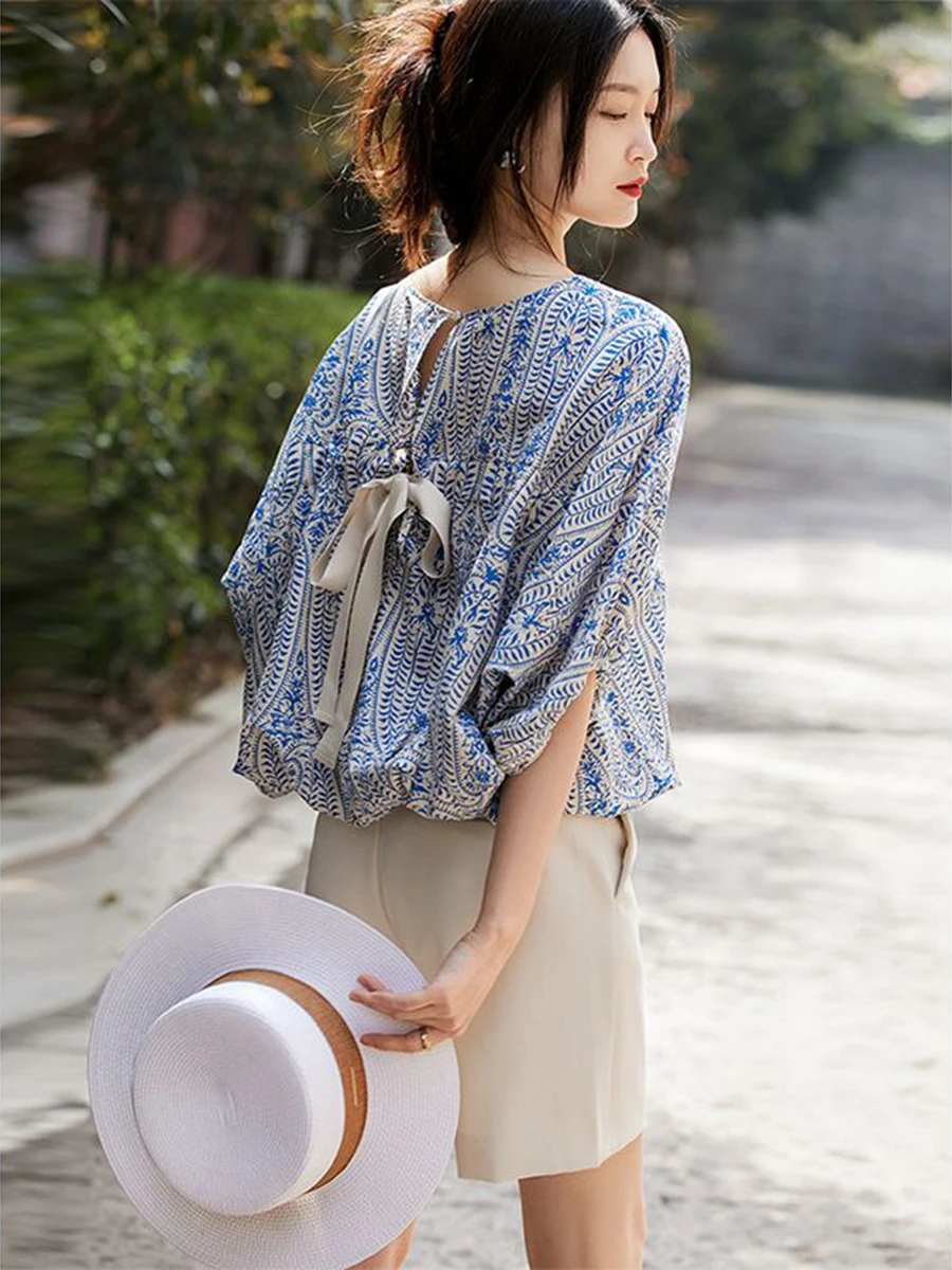 

Bow Design Flower Printed Blouses Women 2023 Summer Short Batwing Sleeve Elastic Loose Ladies Blusa Elegant Fashion Clothing New
