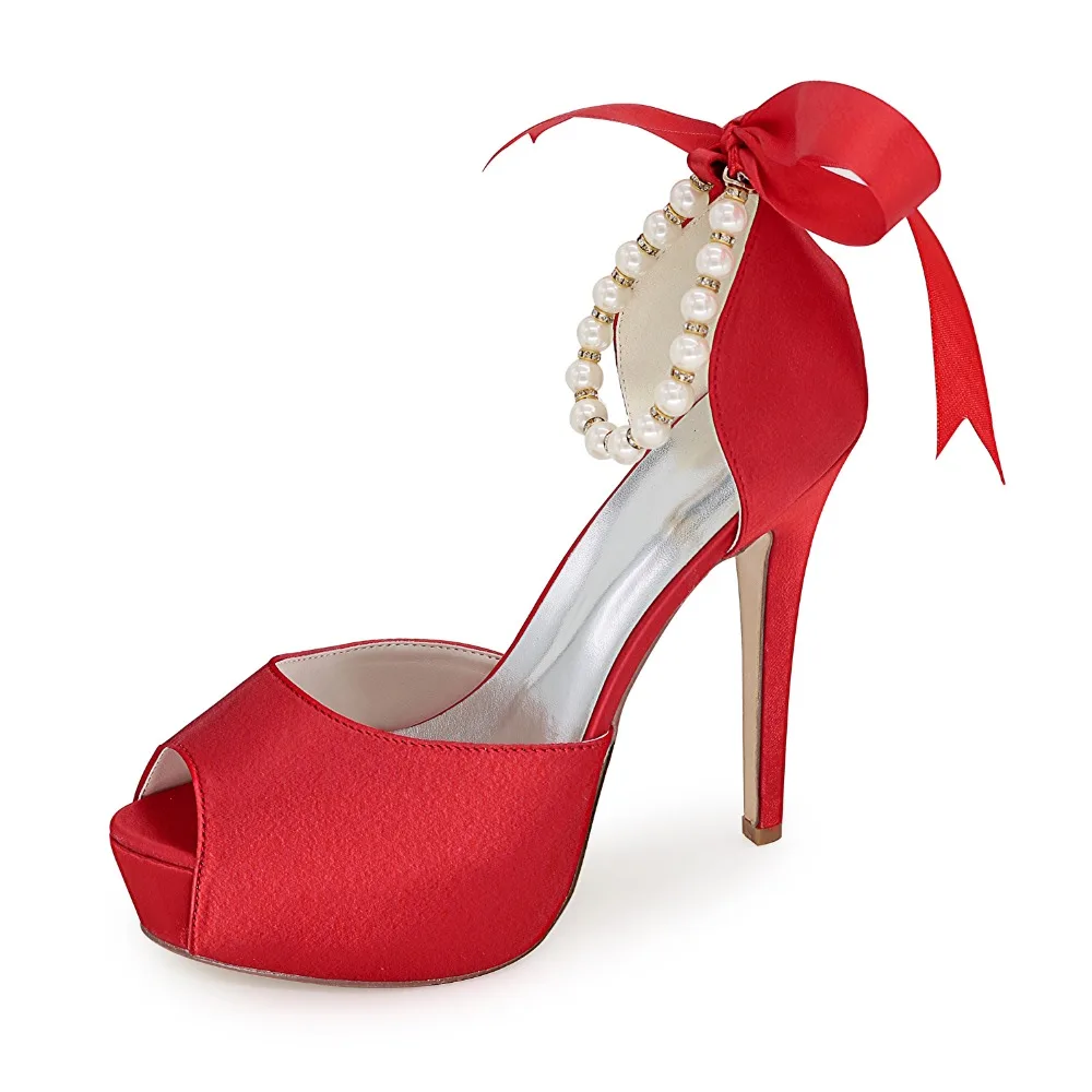 

MODX 2023 Satin Wedding Shoes Peep Toe Heeled m2 Platform Ankle Pearls Prom Evening Party Ladies Dress Pumps