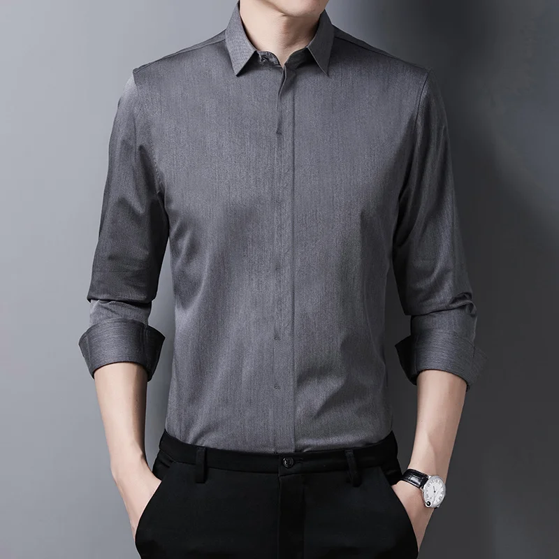 Shirts 2023 Summer Mulberry Men's Silk Business Casual Shirts for Men Fashion Long Sleeve Shirt Tops Camisa Masculina Lq