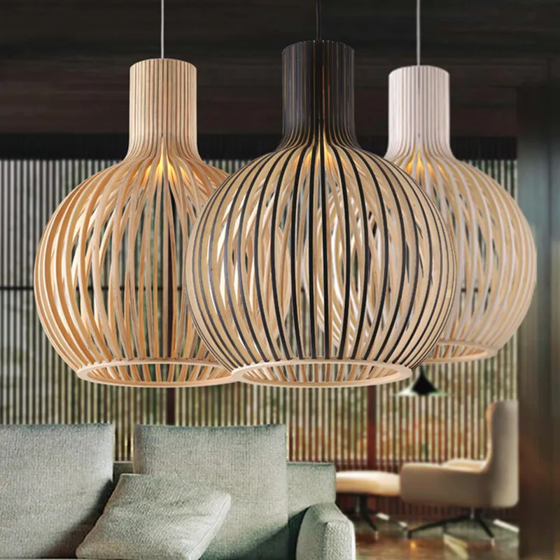 

Modern Black White Solid Wood Birdcage E27 Pendant lights Nordic Home deco Bamboo Weaving Wooden Pendant Lamp Dropshipping