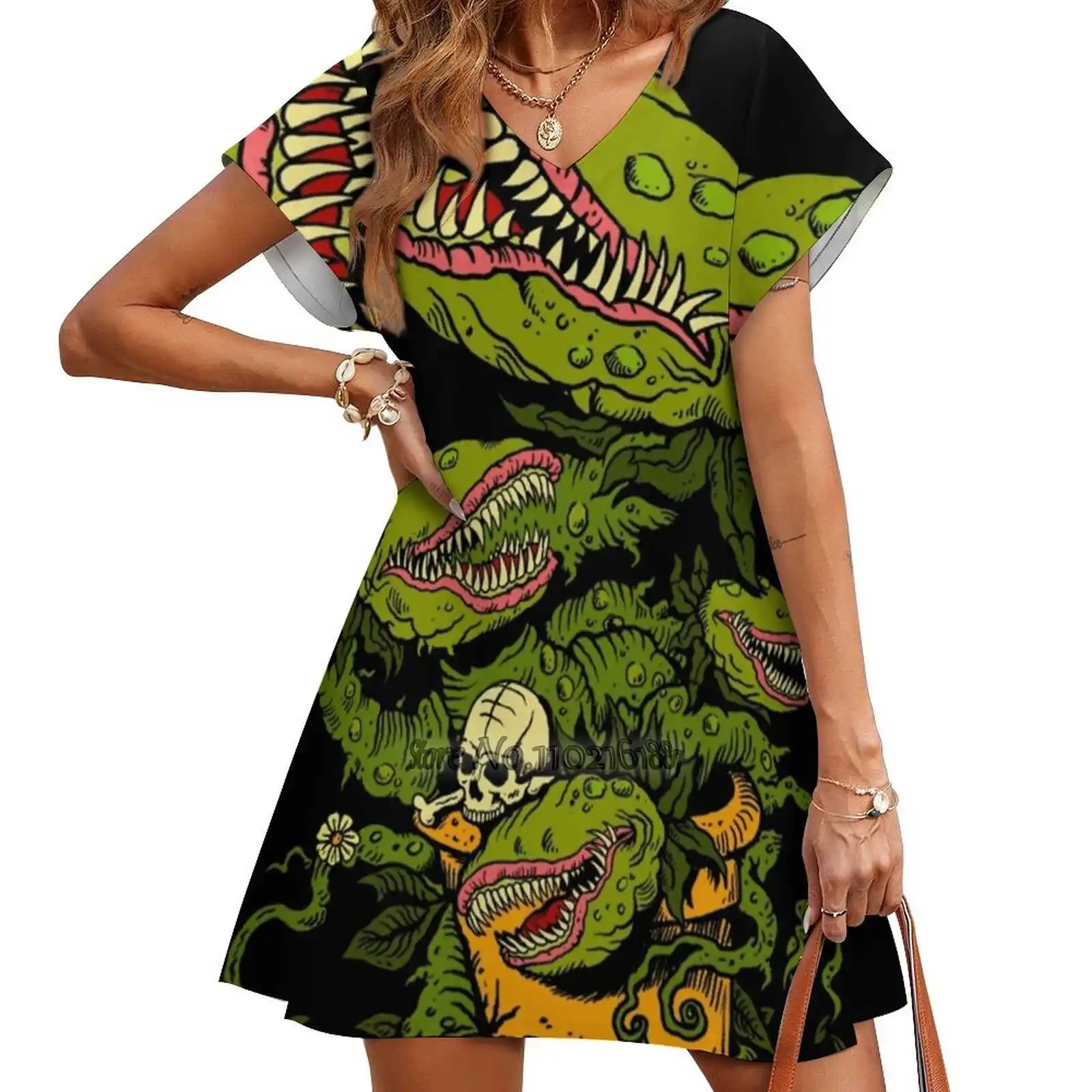 

Venus Fly Trap V-Neck Short Sleeve Dress A-Line Skirt Women'S Clothing Office Lady Elegant Skirt Plant Horticulture Nature