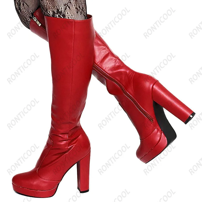 Фото Rontic Handwork Женские зимние сапоги до колена на платформе с полной боковой молнией на массивном каблуке с круглым носком Красивые синие розовые туфли Размер США 5-20 №5