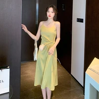 summer 2022 spaghetti strap a line office dress for lady backless sleeveless o neck casual dress pleated empire black mid dress