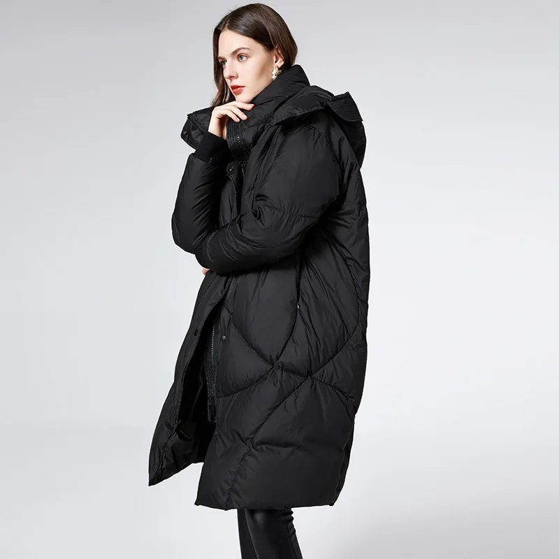 Women Winter Medium Length Over The Knee   White Eiderdown Lloose Western Style Thick Hooded Slimming Down Coats