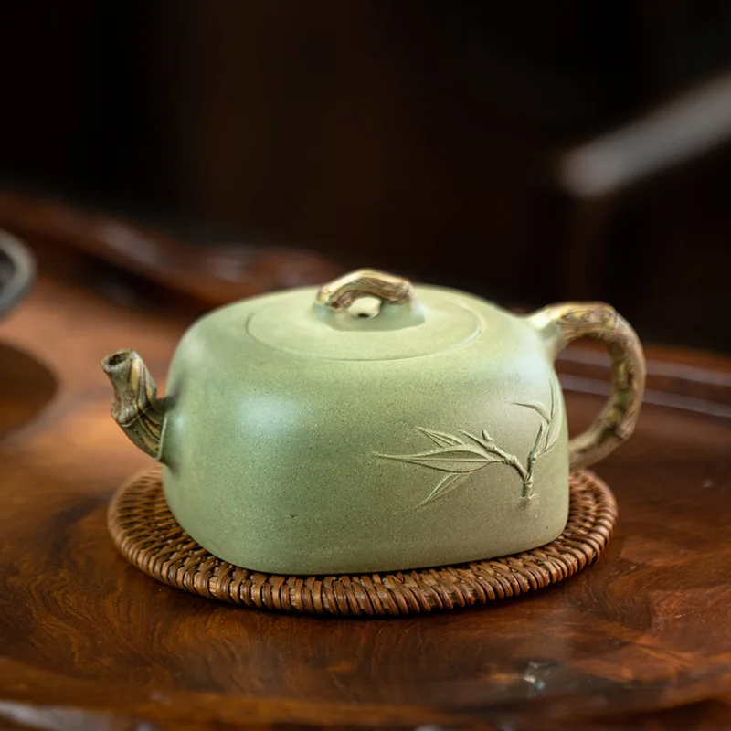 

260cc Yixing purple clay teapot Pure handwork Square pot Slub Raw ore ground soybean green sand teapot Kung Fu Tea