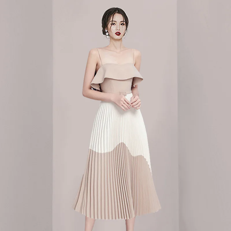 

Niche Design Khaki Color Matching Pleated Suspender Ruffled Mid-Length Women Dress 2022 New Summer Dress for Women Sexy Dress