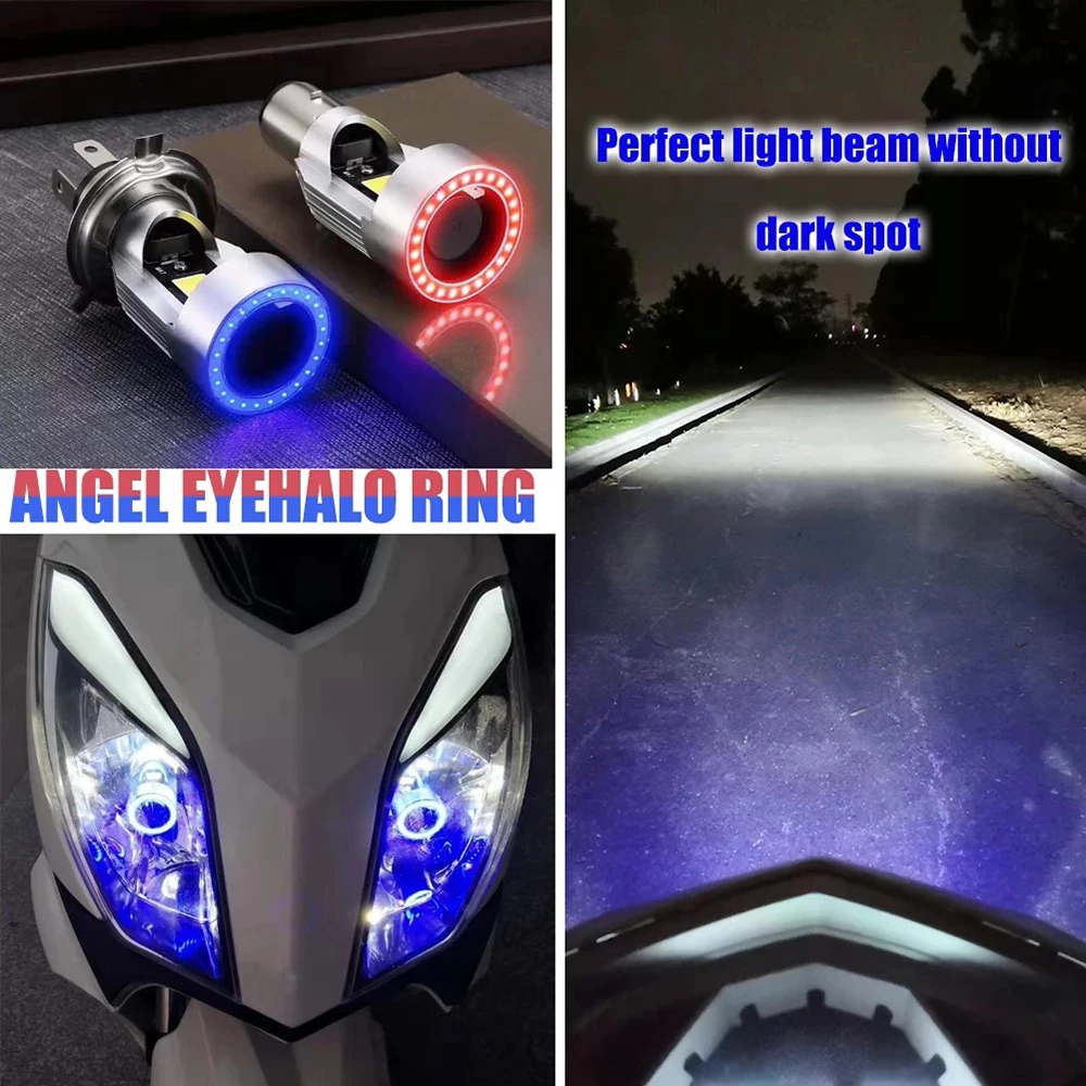 Red &amp Blue Angel Eye H4 LED Motorcycle Headlight BA20D H6 Scooter Bulb Light Accessories Motorbike DRL 12-80V Headlamp Lightings |