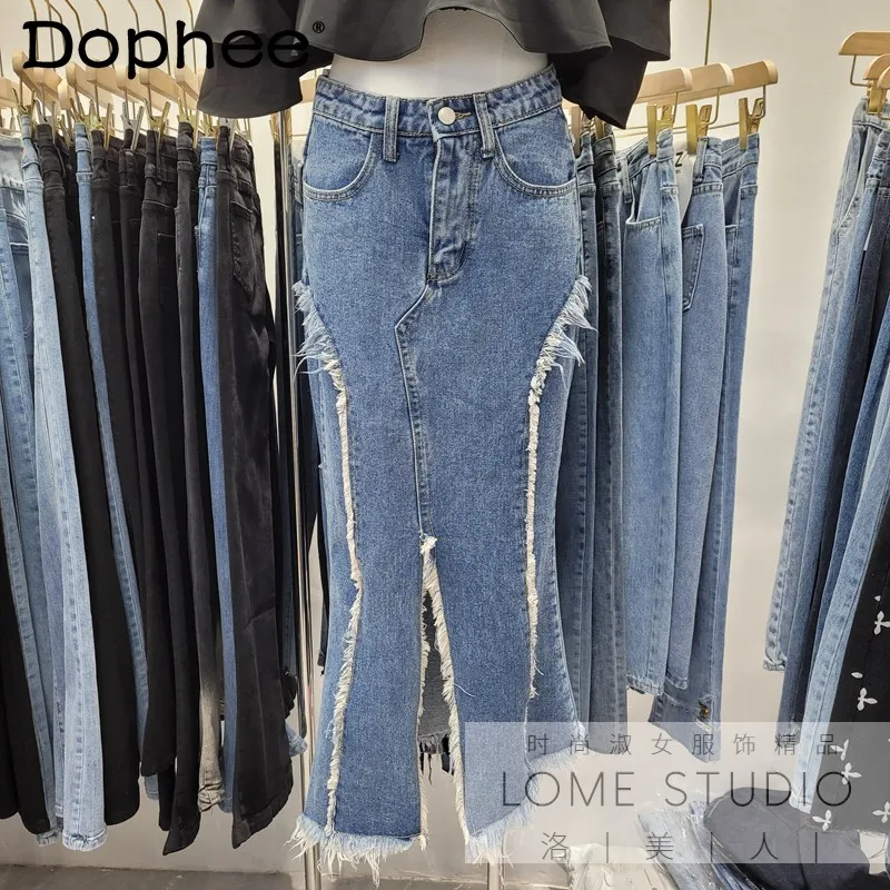 

High Waist Slim Sheath Mid-Length Denim Skirt Women Blue Tassel Irregular Slit Fishtail Skirt Female 2022 Spring Summer Faldas