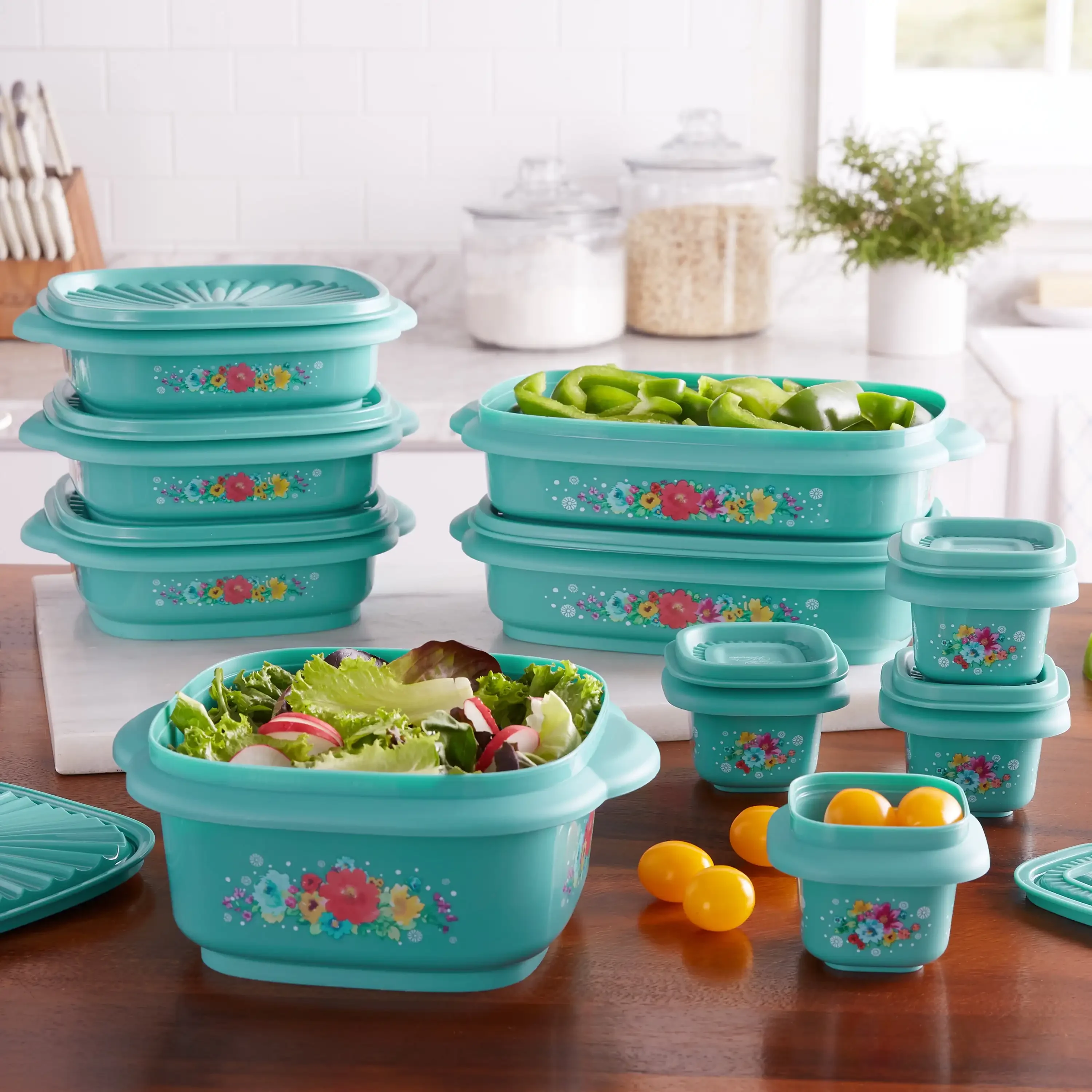 

20 Piece Plastic Food Storage Container Variety Set, Breezy Blossom Kitchen Organizer Trays Decorative Cutlery Organizer