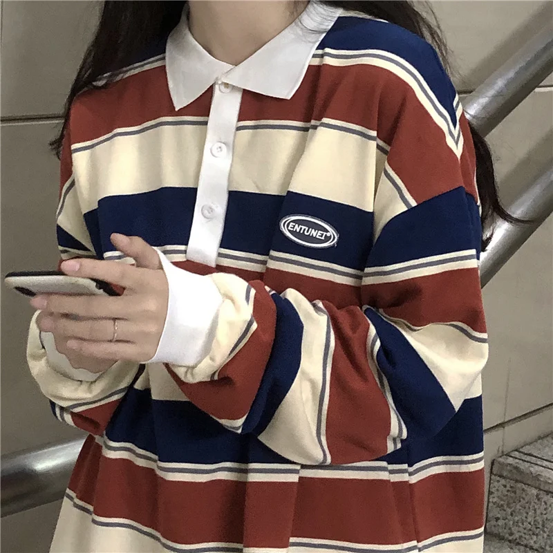 

Retro ins stripe hit color wild loose polo collar pullover sweatshirt women loose Harajuku street style top autumn