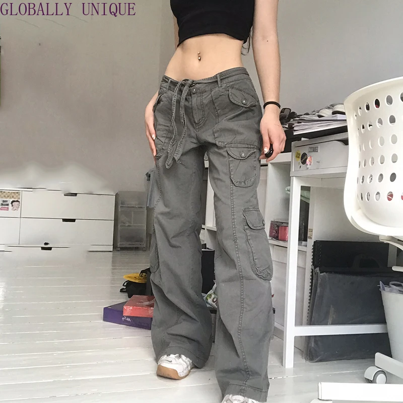 Fashion Streetwear Loose Tooling Denim Jeans Women's Pockets Washed Distressed Straight Leg Jeans Casual Jogging Sweatpants